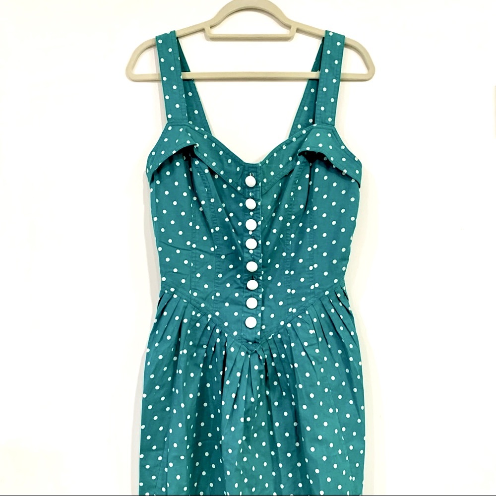Vintage Teal Green Polka Dot Buttoned Sundress